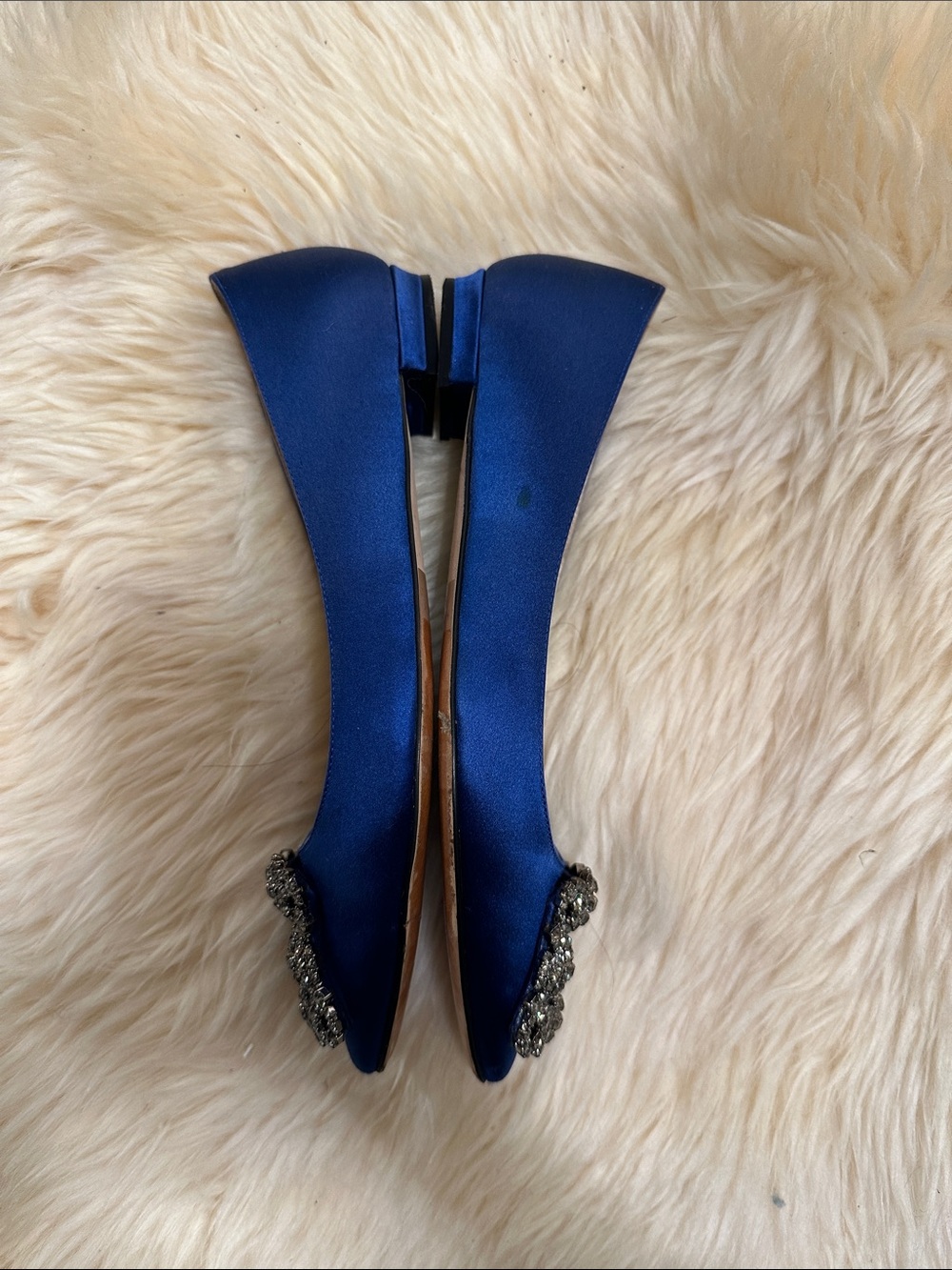 Manolo Blahnik Royal Blue Satin Pointed-Toe Flats with Crystal Buckles - Picture 3 of 7